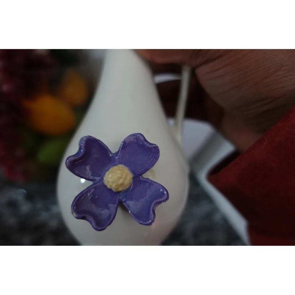 Vintage PF‎ White Ceramic Ewer Bud Vase Purple Applied Flower 8 Inch Pitcher